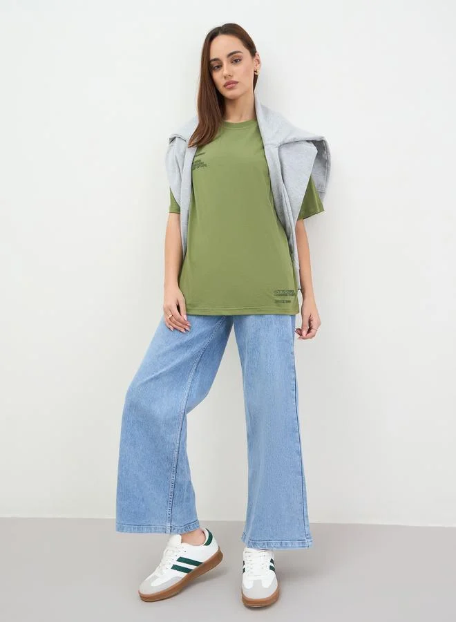 Styli Khaki Oversized Embossed Print T-Shirt