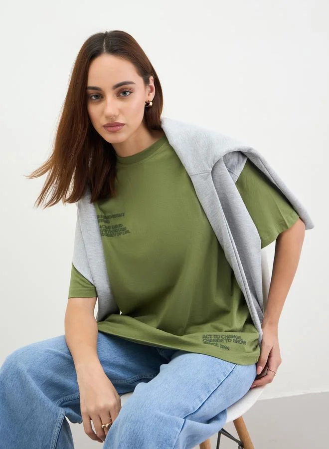 Styli Khaki Oversized Embossed Print T-Shirt
