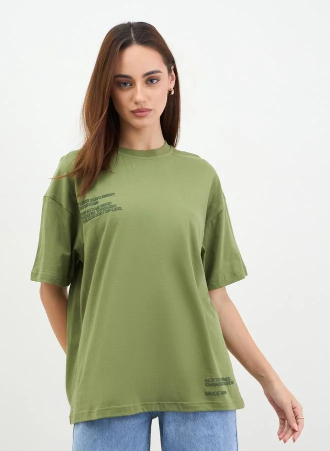 Styli Khaki Oversized Embossed Print T-Shirt