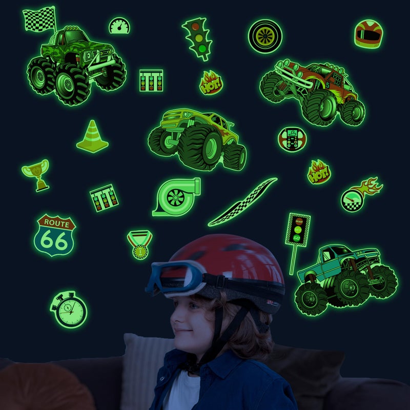 Robmoda Glow in The Dark Racing Car Wall Stickers, Truck Kids Bedrooms Wall Decals, Racing Theme Big Foot Truck Ceiling Decor, Nursery Classroom Playroom Home Decor Gifts - Image 1