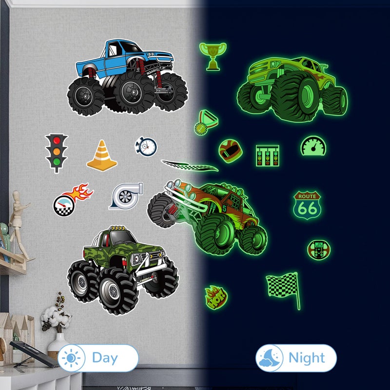 Robmoda Glow in The Dark Racing Car Wall Stickers, Truck Kids Bedrooms Wall Decals, Racing Theme Big Foot Truck Ceiling Decor, Nursery Classroom Playroom Home Decor Gifts - Image 2