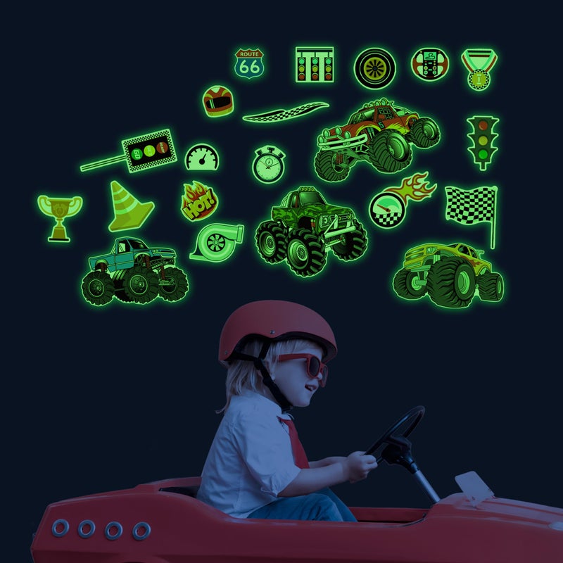 Robmoda Glow in The Dark Racing Car Wall Stickers, Truck Kids Bedrooms Wall Decals, Racing Theme Big Foot Truck Ceiling Decor, Nursery Classroom Playroom Home Decor Gifts - Image 3