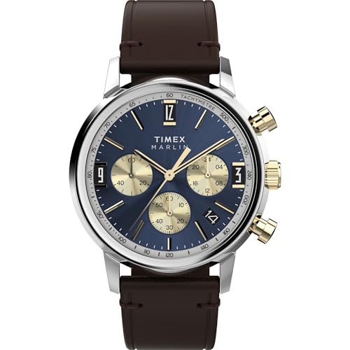 TIMEX ساعة تايمكس مارلين للرجال بحركة كوارتز كرونوغراف 40 مم بحزام بني وقرص أزرق وحالة ثنائية اللون - Image 1