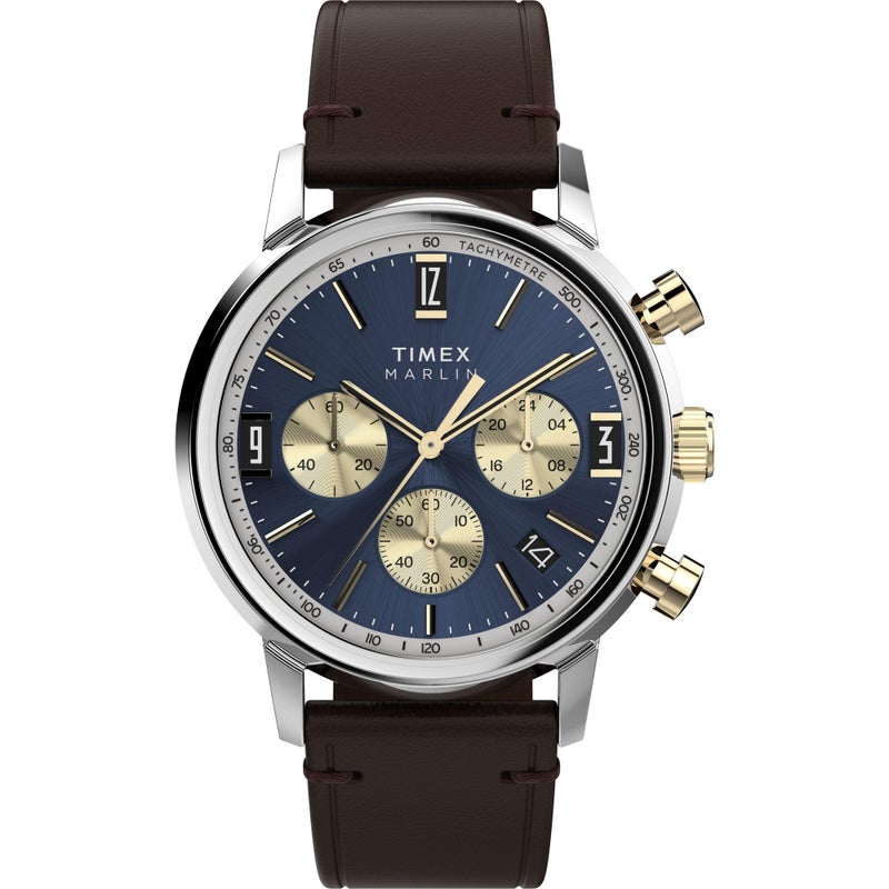 TIMEX ساعة تايمكس مارلين للرجال بحركة كوارتز كرونوغراف 40 مم بحزام بني وقرص أزرق وحالة ثنائية اللون - Image 2