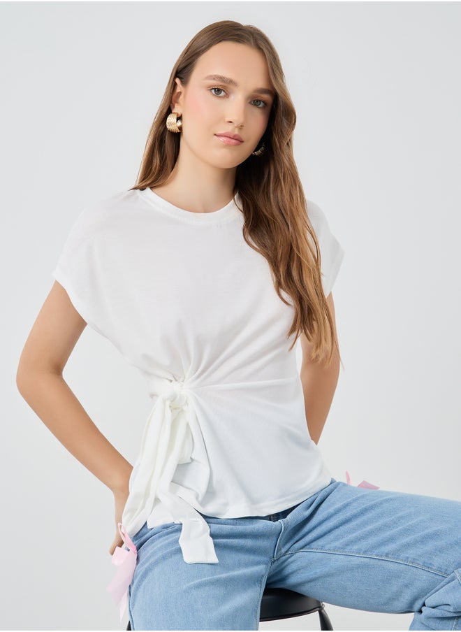 Take Two Take Two Solid Short Sleeve Waist Tie Top  - Image 1