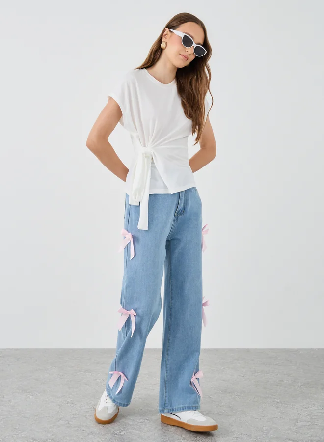 تايك تو Take Two Solid Short Sleeve Waist Tie Top