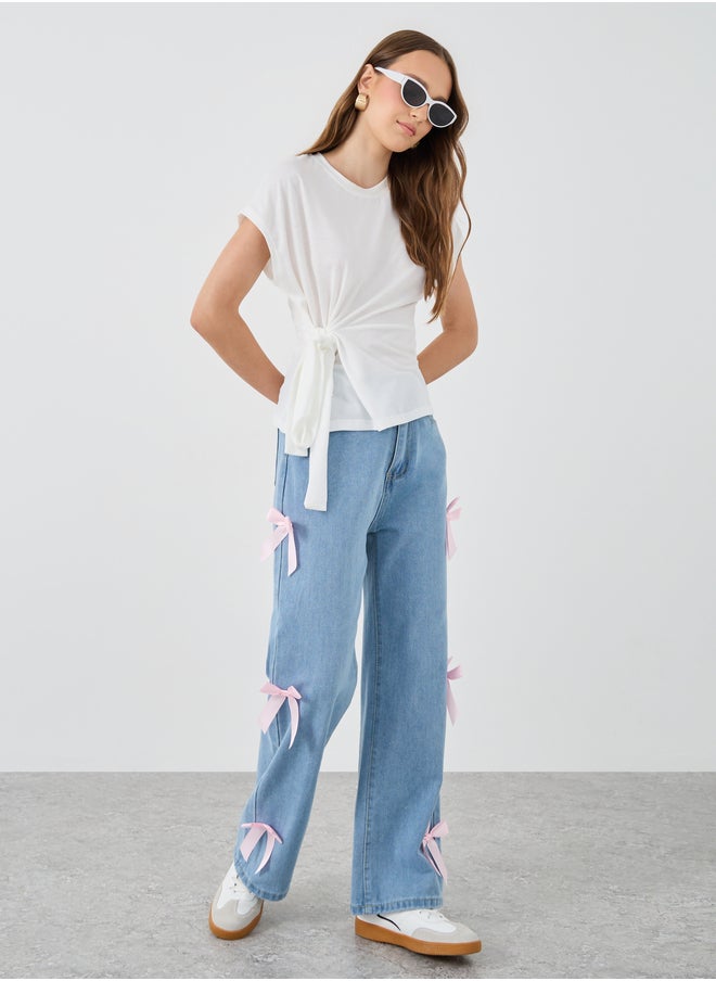 Take Two Take Two Solid Short Sleeve Waist Tie Top  - Image 2