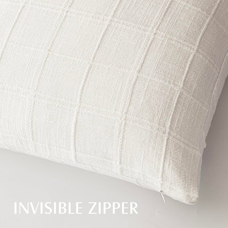 Foindtower Foindtower Set of 2 Decorative Linen Check Throw Pillow Covers Neutral Farmhouse Vintage Cushion Covers Modern Boho Home Decor for Sofa Chair Couch Bedroom Living Room Outdoor 18?18 Inch Cream White  - Image 3