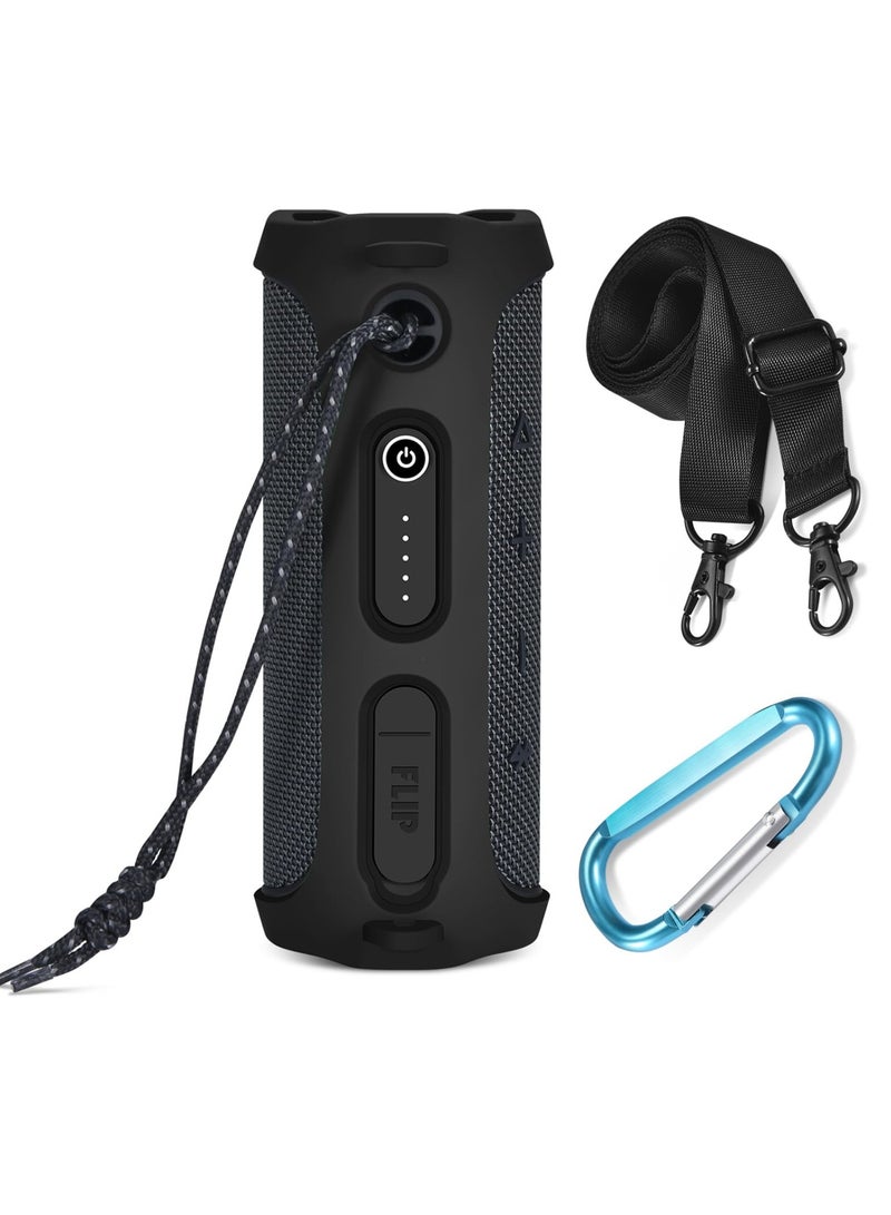 Silicone Case Cover for JBL FLIP ESSENTIAL 2 Speaker Travel Protective Carrying Gel Soft Skin Waterproof Rubber Pouch with Shoulder Strap (Black)  - Image 1