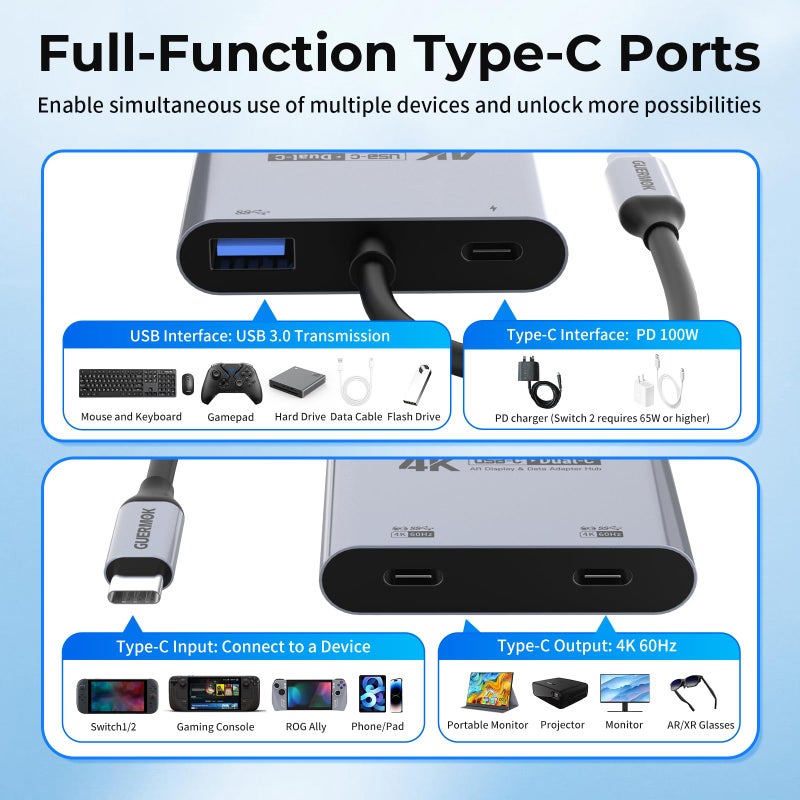 Guermok 4-in-1 Dual USB-C Display Hub, 4K@60Hz Video, PD 100W Fast Charging & USB 3.0 5Gbps, Compatible with AR Glasses, Switch 2, Laptops, Portable Monitors & Type-C Displaysï¼ˆSilverï¼‰ - Image 3