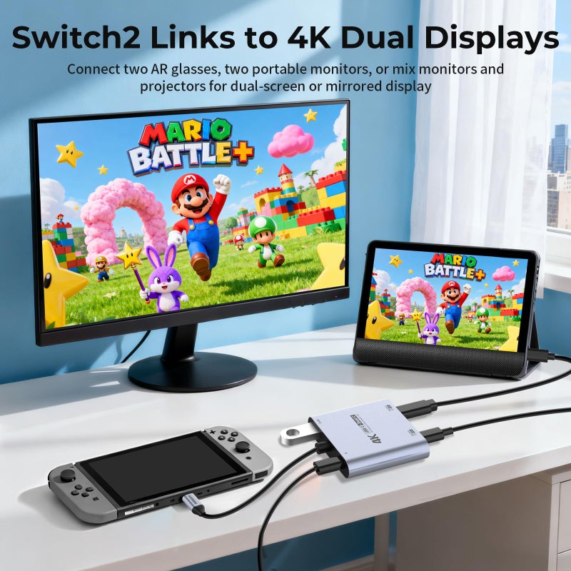 Guermok 4-in-1 Dual USB-C Display Hub, 4K@60Hz Video, PD 100W Fast Charging & USB 3.0 5Gbps, Compatible with AR Glasses, Switch 2, Laptops, Portable Monitors & Type-C Displaysï¼ˆSilverï¼‰ - Image 4