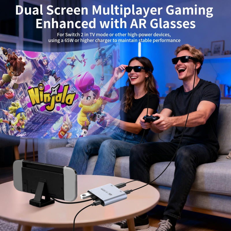 Guermok 4-in-1 Dual USB-C Display Hub, 4K@60Hz Video, PD 100W Fast Charging & USB 3.0 5Gbps, Compatible with AR Glasses, Switch 2, Laptops, Portable Monitors & Type-C Displaysï¼ˆSilverï¼‰ - Image 1