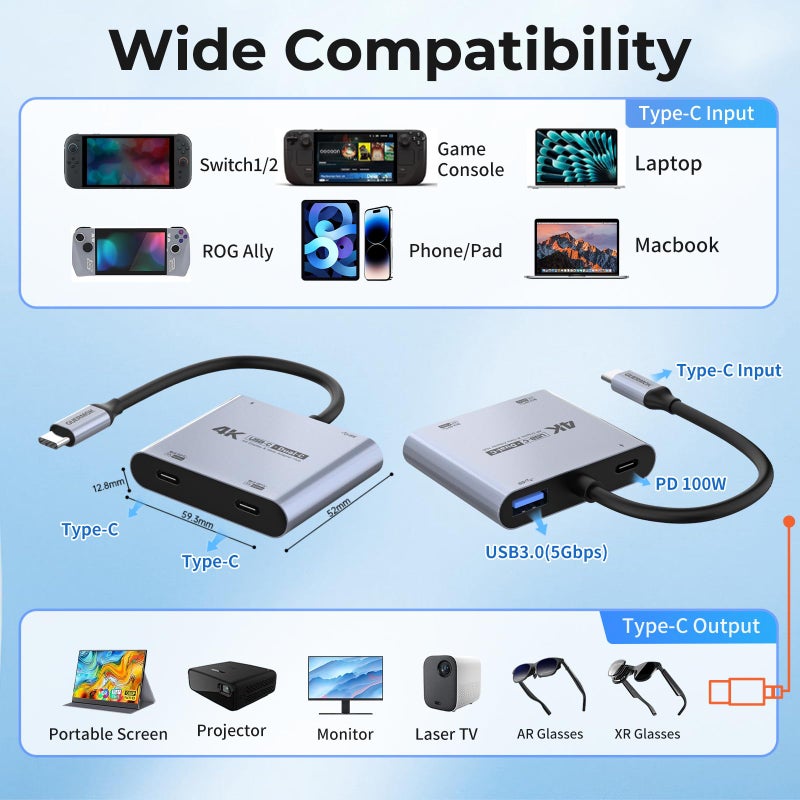Guermok 4-in-1 Dual USB-C Display Hub, 4K@60Hz Video, PD 100W Fast Charging & USB 3.0 5Gbps, Compatible with AR Glasses, Switch 2, Laptops, Portable Monitors & Type-C Displaysï¼ˆSilverï¼‰ - Image 2