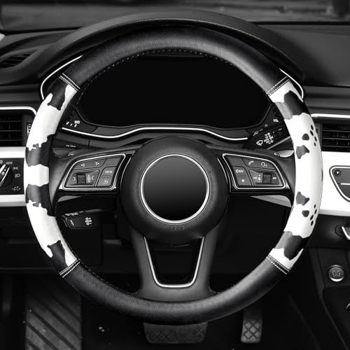 ZHOL Cow Print Steering Wheel Cover, Universal 14.5-15 inch Breathable Microfiber Leather Anti-Slip Car Steering Wheel Protector for Women Men, Black&White - Image 2