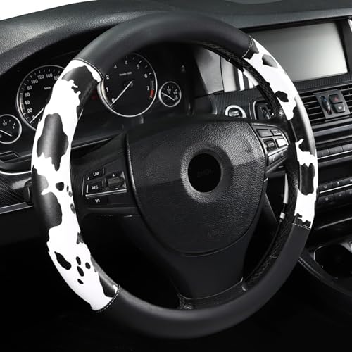 ZHOL Cow Print Steering Wheel Cover, Universal 14.5-15 inch Breathable Microfiber Leather Anti-Slip Car Steering Wheel Protector for Women Men, Black&White - Image 1