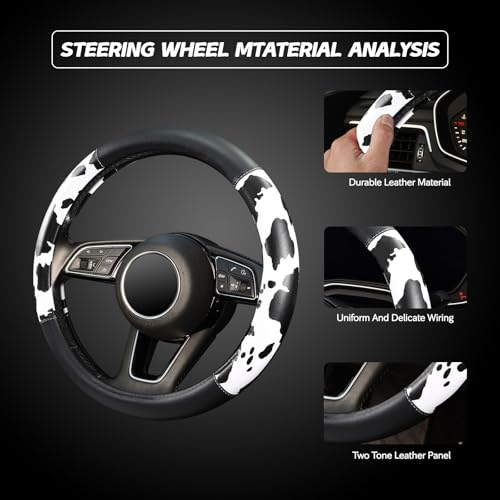 ZHOL Cow Print Steering Wheel Cover, Universal 14.5-15 inch Breathable Microfiber Leather Anti-Slip Car Steering Wheel Protector for Women Men, Black&White - Image 5