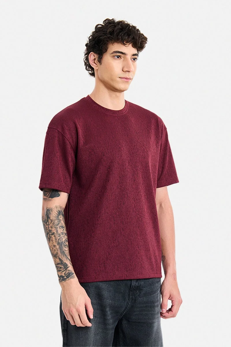 SNITCH Maroon Maroon Textured Half Sleeve Oversized T-Shirt for Men | Best Price UAE