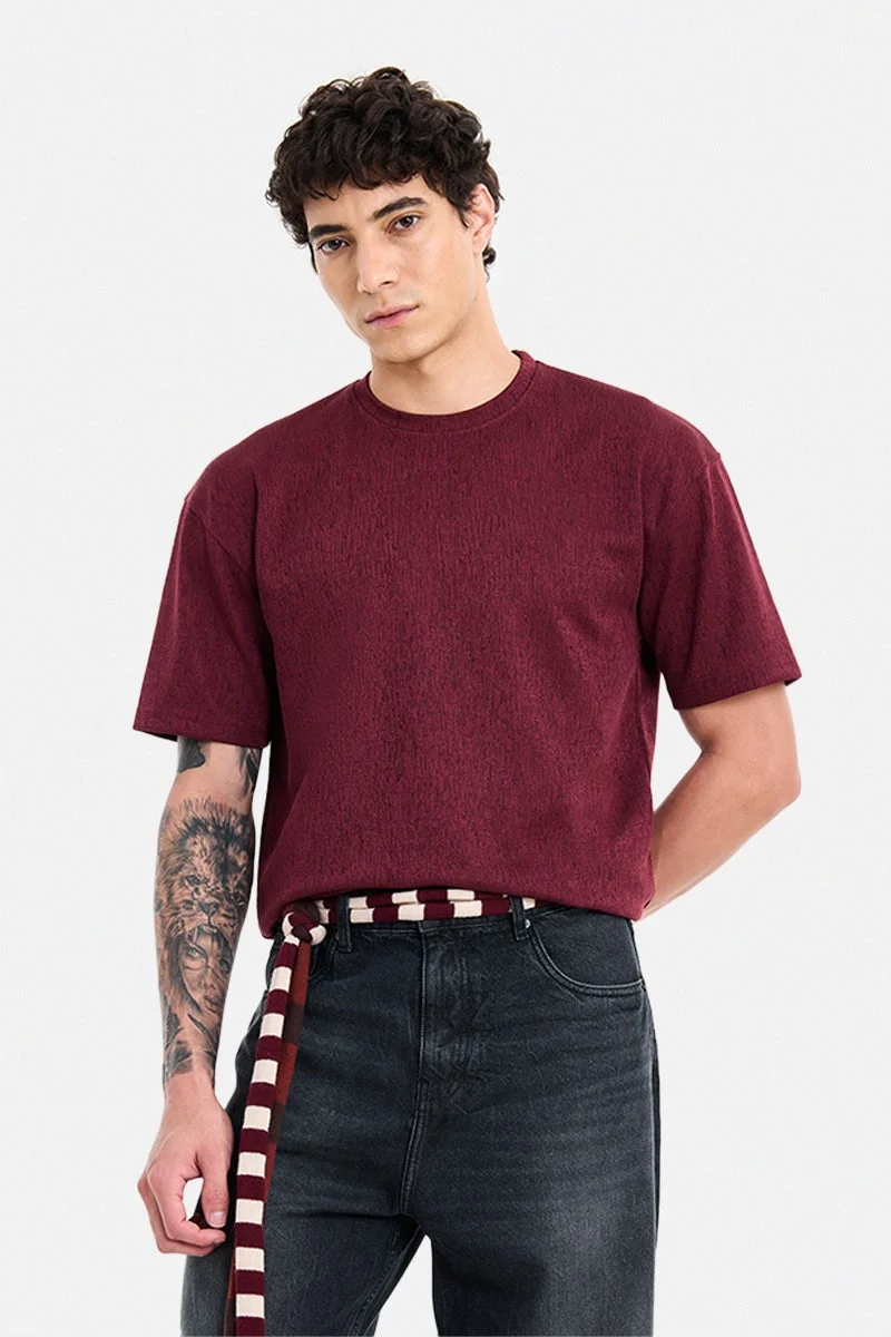 SNITCH Maroon Maroon Textured Half Sleeve Oversized T-Shirt for Men | Best Price UAE