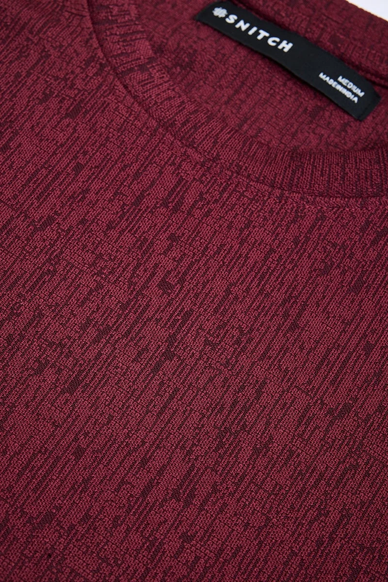 SNITCH Maroon Maroon Textured Half Sleeve Oversized T-Shirt for Men | Best Price UAE