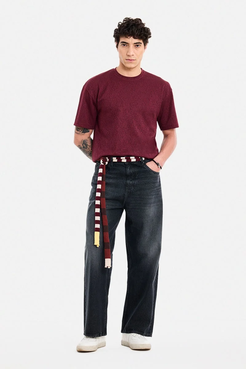 SNITCH Maroon Textured Half Sleeve Oversized T-Shirt