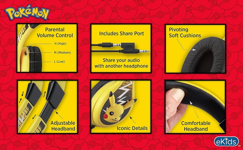 eKids Pokemon Pikachu Wired Kids Headphones, Adjustable, Stereo Sound, 3.5Mm Jack, Tangle-Free, Volume Control, Children's Headband On Ear for School Home, Travel - Image 5