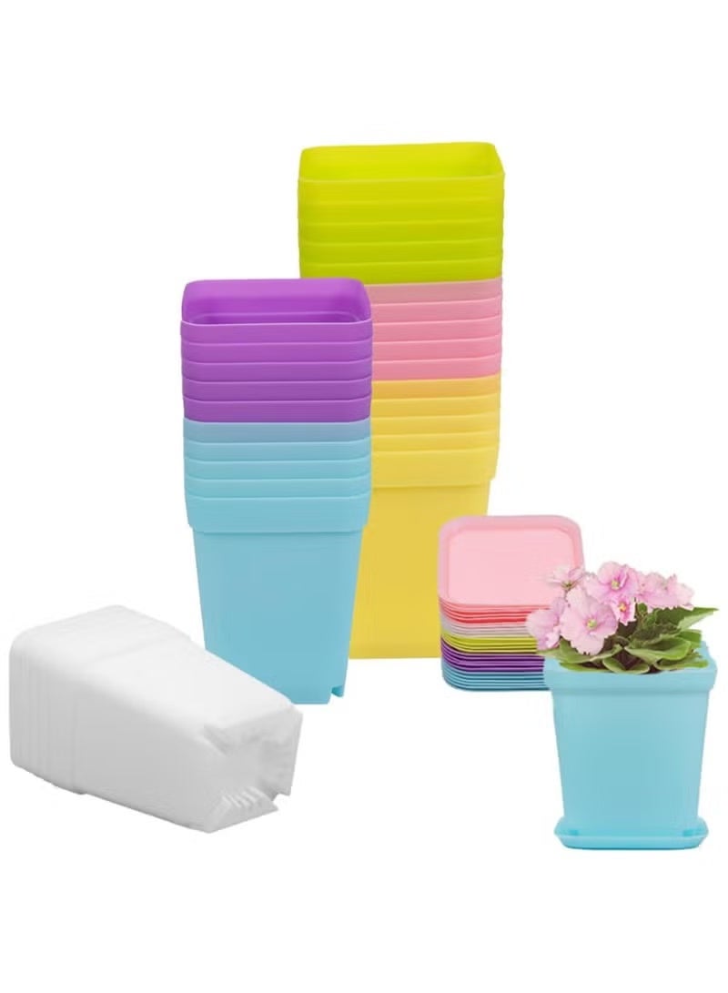 Geustos 30 PCS Colorful Plastic Plants Nursery Pot, SquareNursery Pots Set with Drainage Holes and Tray, Small Plant Pots for Indoor Outdoor Plants, Garden, Home Balcony Decorations - Image 1