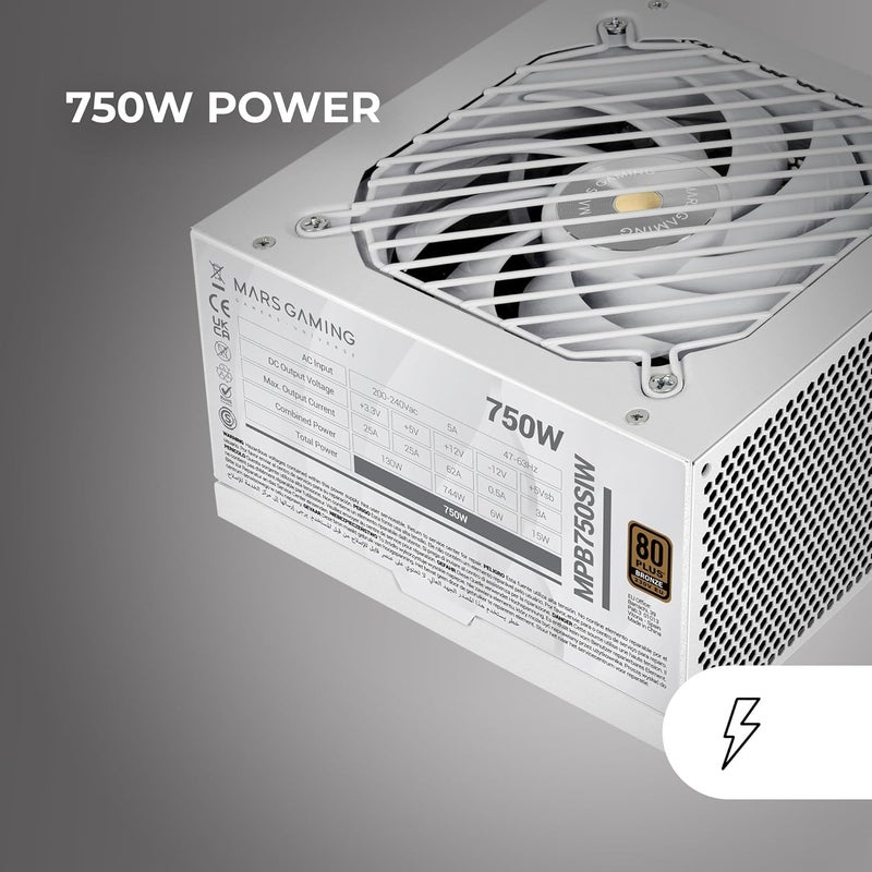 مارس_جيمنج MPB750SI، مزود طاقة ATX للكمبيوتر بقدرة 750 واط، ضمان 7 سنوات، 80Plus برونز 230 فولت، كفاءة 90٪، مروحة SI Extreme Silence مع قلب نحاسي، AI2-RPM، تقنيات DC-DC وSMD، أبيض - Image 4