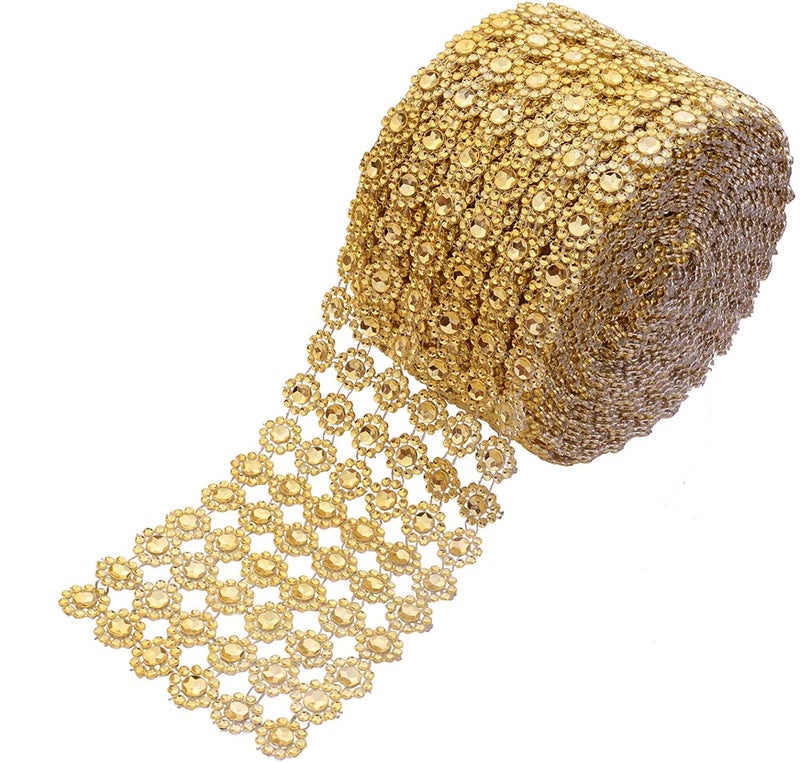 YYaaloa Crafts Faux Diamond Bling Wrap 4 x 10 Yards 6 Rows Gold Flower Pattern Faux Rhinestone Crystal Mesh Ribbon Roll for Wedding Party Centerpiece Cake Vase Sparkling Decoration Gold