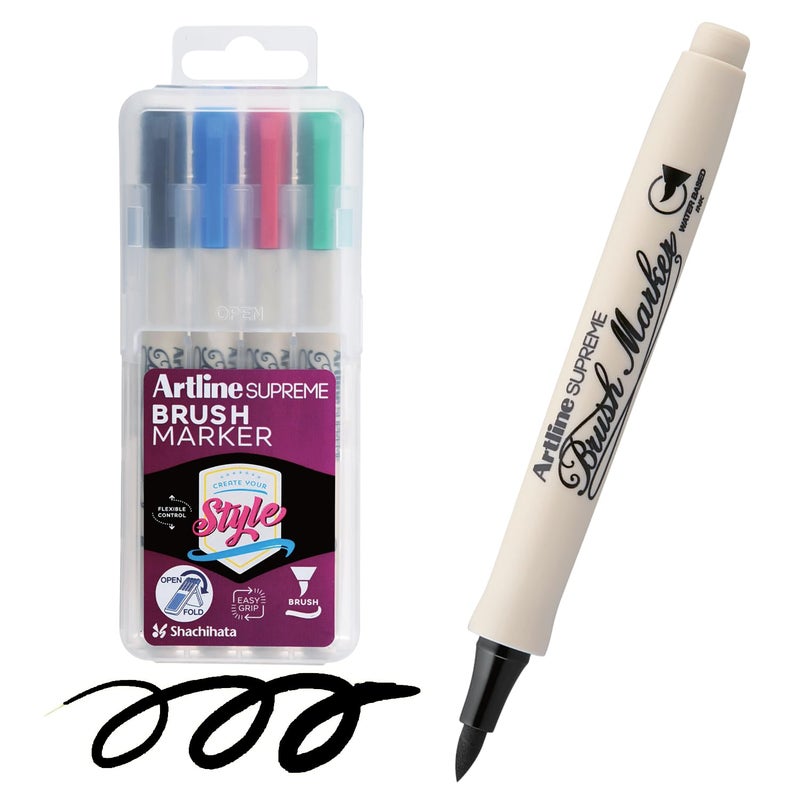 Artline Artline Supreme Brush Marker Assorted Pack Of 4 (Red,Blue,Black,Green) by Anmol Art & Frames  - Image 1