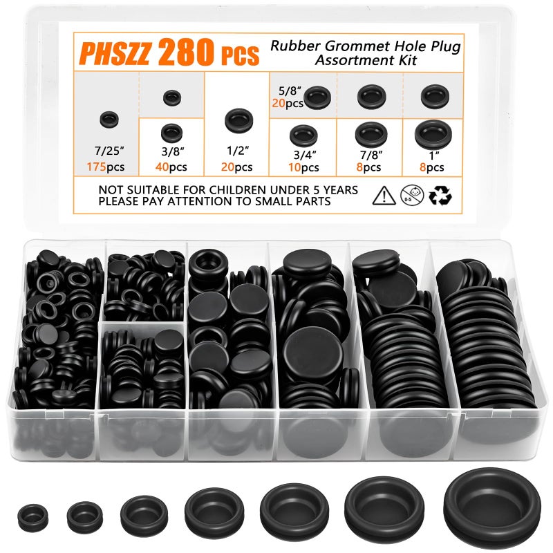 PHSZZ PSHZZ 280 PCS Rubber Grommet Kit, Rubber Hole Grommet Gaskets Assortment for Wiring, Wire, Automotive, Firewall, Sheet Metal, Hardware Repair, 7 Sizes 7/25", 3/8", 1/2", 5/8", 3/4", 7/8", 1" - Image 1