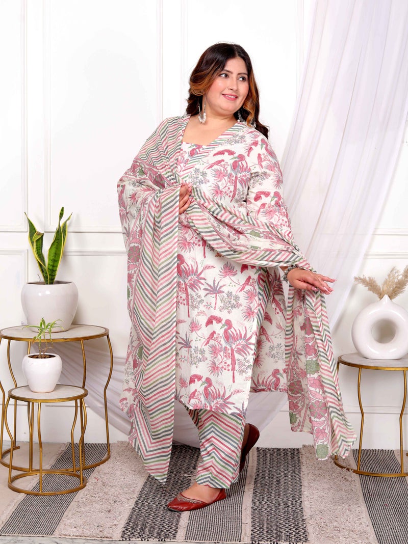 Miravan Womens Plus Size Cotton Light Pink Floral Printed Straight Pakistani Style Suit Set - Image 2