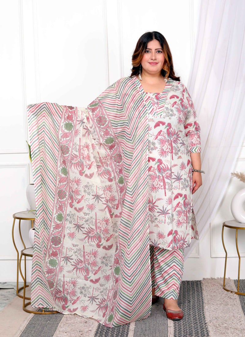 Miravan Womens Plus Size Cotton Light Pink Floral Printed Straight Pakistani Style Suit Set - Image 1