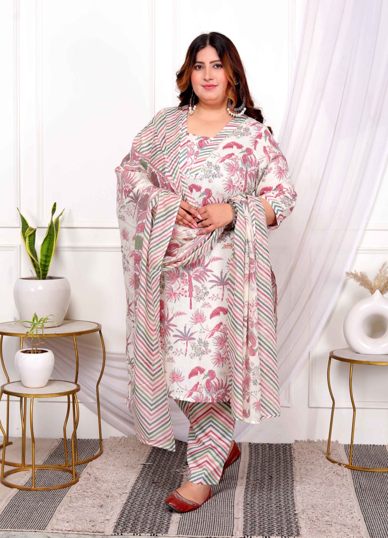 Miravan Womens Plus Size Cotton Light Pink Floral Printed Straight Pakistani Style Suit Set - Image 3