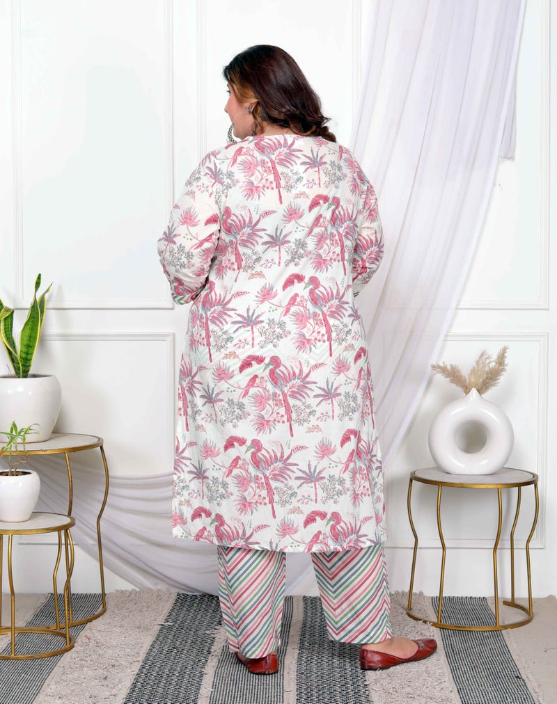 Miravan Womens Plus Size Cotton Light Pink Floral Printed Straight Pakistani Style Suit Set - Image 5