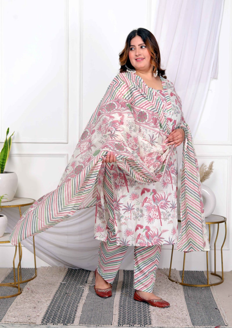 Miravan Womens Plus Size Cotton Light Pink Floral Printed Straight Pakistani Style Suit Set - Image 4