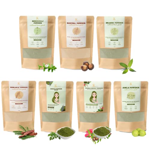 Kimayra Natural Hair Care Powder Combo: Amla/Shikakai/Reetha/Brahmi/Bhringraj/Indigo/Herbal Heena,7 Packs,75g Each(Total 525g)-Reduces Dandruff,Hair Fall,Extra Strong & Silky Hair,75 gram - Image 1