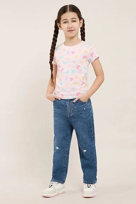 R&B Destressed Straight Fit Jeans with Button Closure