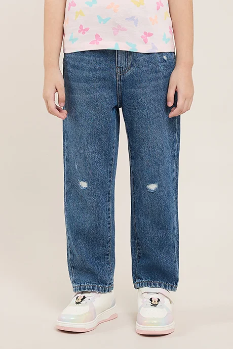 R&B Destressed Straight Fit Jeans with Button Closure