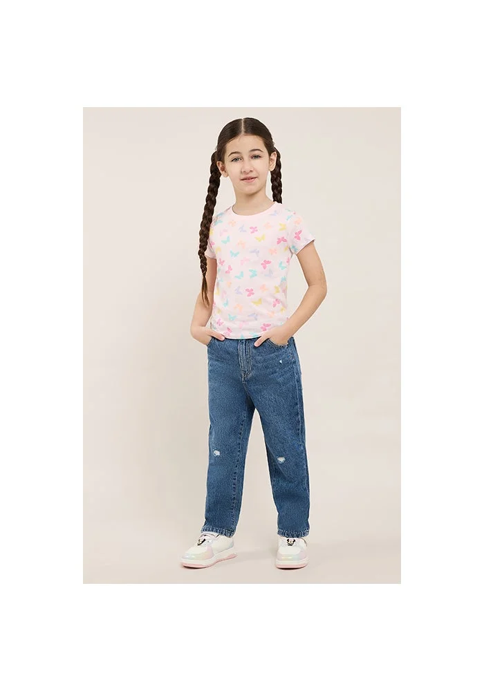 أر أند بي Destressed Straight Fit Jeans with Button Closure
