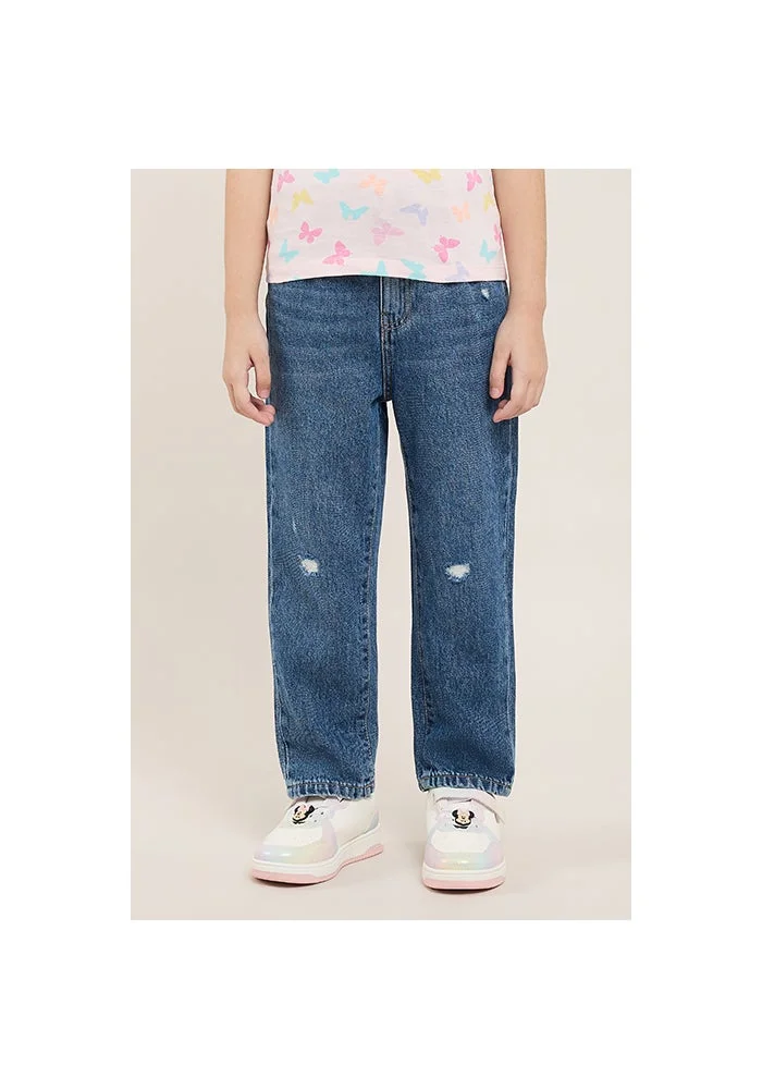 أر أند بي Destressed Straight Fit Jeans with Button Closure