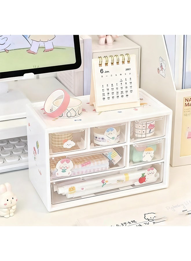 Desk Organizer With 6 Drawers, Desktop Stationery  Storage Box, Desk Organizing Box, Cosmetics Box, Dust-Proof Transparent Plastic Box And Beautiful Stickers(White) - Image 3