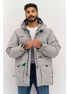 Men Brand Logo Puffer Jacket, Light Grey