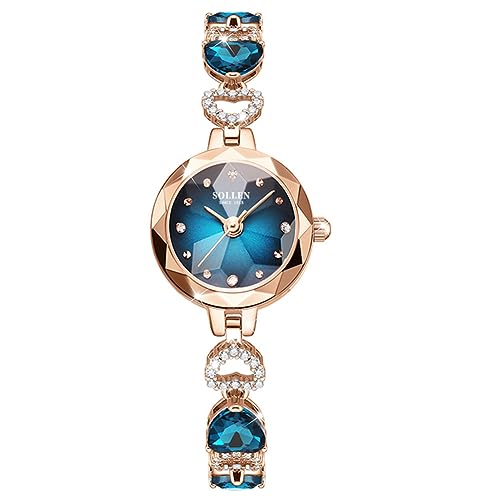 SOLLEN Peacock Blue Women's Bracelet Watches, Dainty Vintage Quartz Analog Ladeis Watch with Crystal Markers, Heart-Shaped Strap, Luxury Wristwatch for Small Wrists, Elegant Women's Wrist Watches for Anniversary, Birthday - 23mm - Image 1