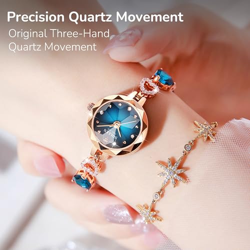 SOLLEN Peacock Blue Women's Bracelet Watches, Dainty Vintage Quartz Analog Ladeis Watch with Crystal Markers, Heart-Shaped Strap, Luxury Wristwatch for Small Wrists, Elegant Women's Wrist Watches for Anniversary, Birthday - 23mm - Image 4