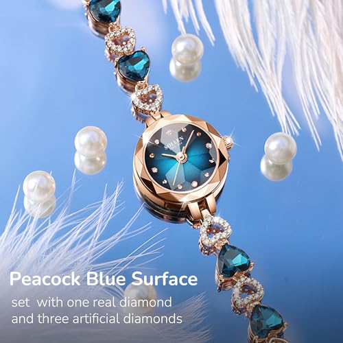 SOLLEN Peacock Blue Women's Bracelet Watches, Dainty Vintage Quartz Analog Ladeis Watch with Crystal Markers, Heart-Shaped Strap, Luxury Wristwatch for Small Wrists, Elegant Women's Wrist Watches for Anniversary, Birthday - 23mm - Image 3