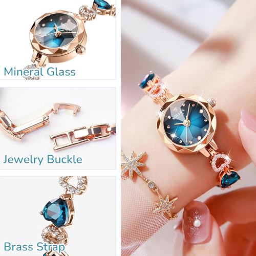 SOLLEN Peacock Blue Women's Bracelet Watches, Dainty Vintage Quartz Analog Ladeis Watch with Crystal Markers, Heart-Shaped Strap, Luxury Wristwatch for Small Wrists, Elegant Women's Wrist Watches for Anniversary, Birthday - 23mm - Image 5