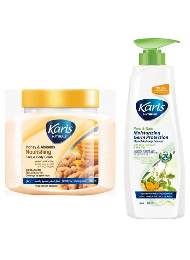 Karis Moisturizing Germ Protection Hand And Body  Lotion 400Ml,Karis Honey & Almonds Nourishing Face & Body Scrub 600Ml