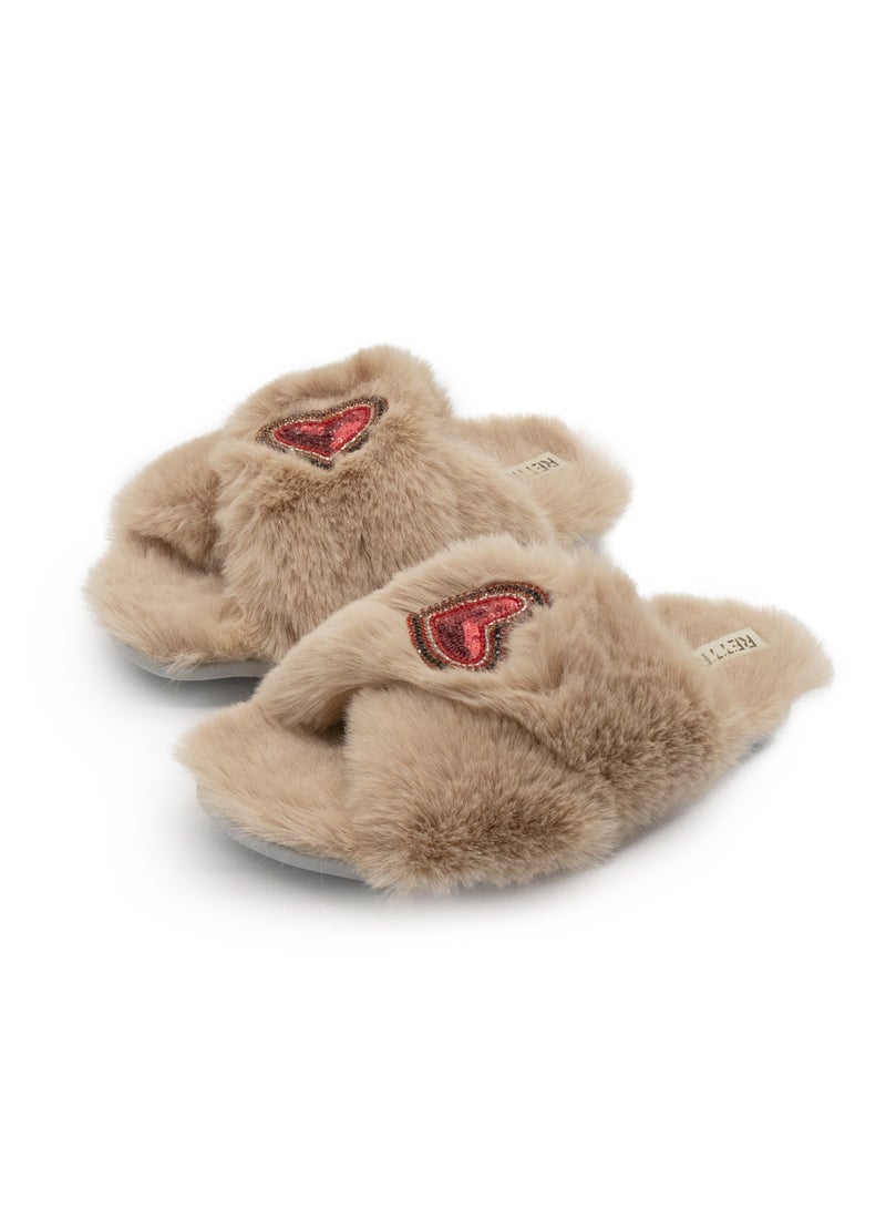 RETTROSE RETTROSE Amour Mink Women’s Beige Luxury Faux Fur Slippers – Handmade Plush Indoor Footwear with Diamanté Heart Embellishment  - Image 3