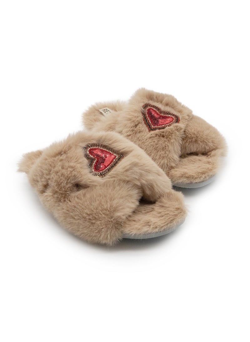 RETTROSE RETTROSE Amour Mink Women’s Beige Luxury Faux Fur Slippers – Handmade Plush Indoor Footwear with Diamanté Heart Embellishment  - Image 4