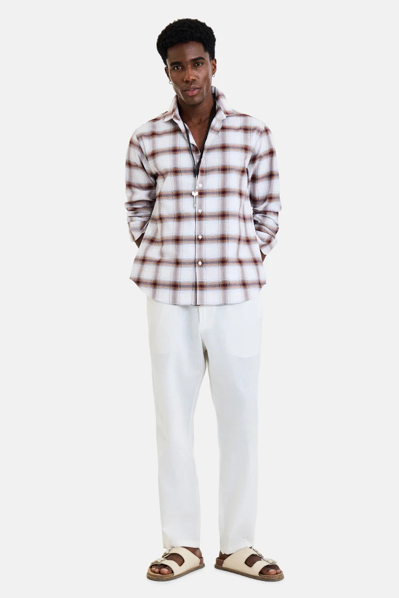 SNITCH Brown Checkered Long Sleeve Regular Fit Casual Shirt
